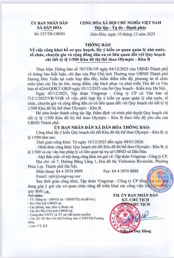 Công khai lấy ý kiến Quy hoạch chi tiết tỷ lệ 1/500 Khu B Vinhomes Olympic